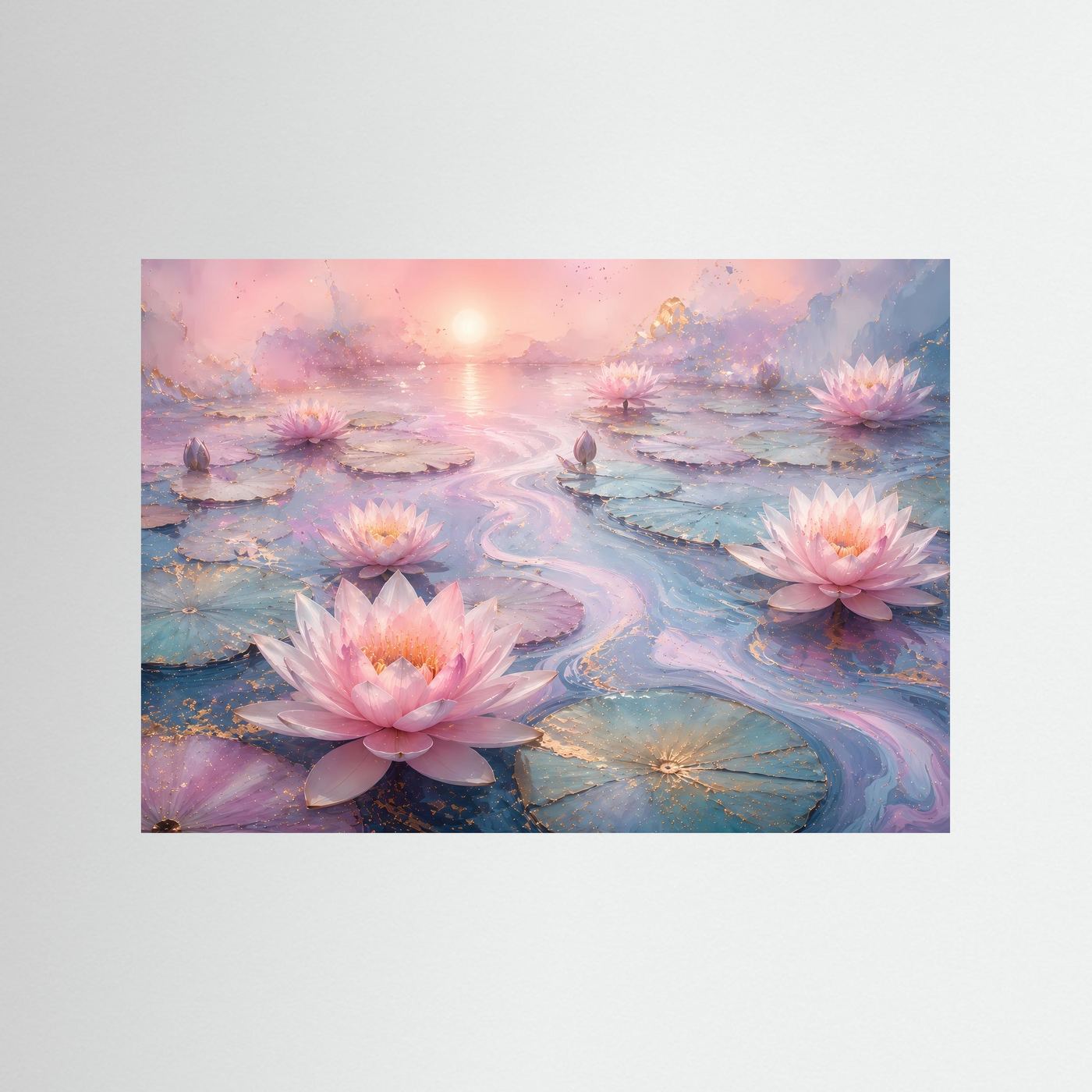 Lotusblüten Poster Querformat | Rosa Seerosen auf Wasser | Elegante Zen Wandkunst in Pastell