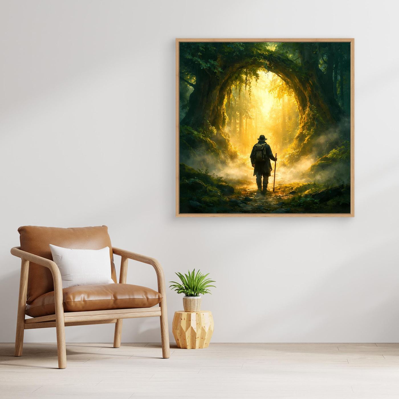 Leinwand Mystischer Wanderer am Waldportal | Abstraktes Natur Zauberwald Wandbild