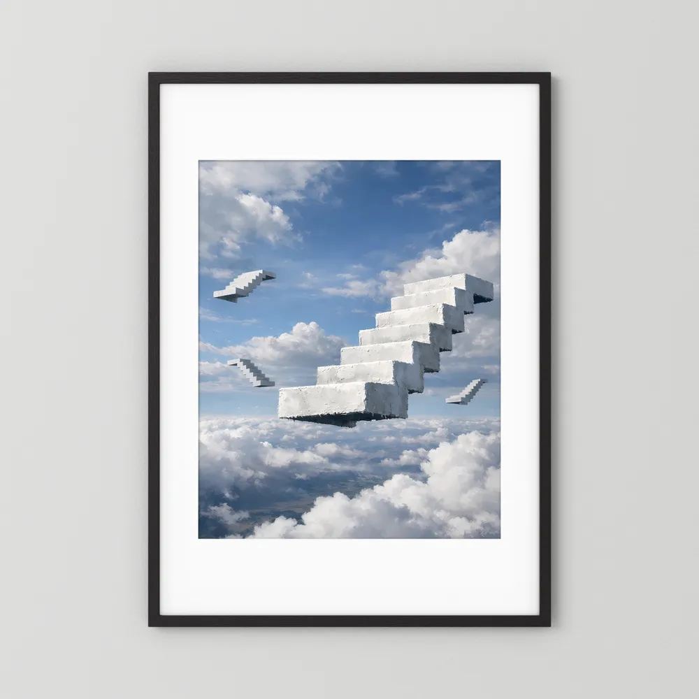 Hochformatiges Poster mit schwebender Treppe über Wolken, schwarzer Rahmen mit weißem Rand