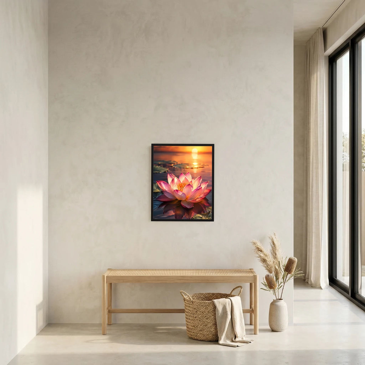 Kleines Poster mit rosa Lotusblüte beim Sonnenuntergang in schwarzem Rahmen