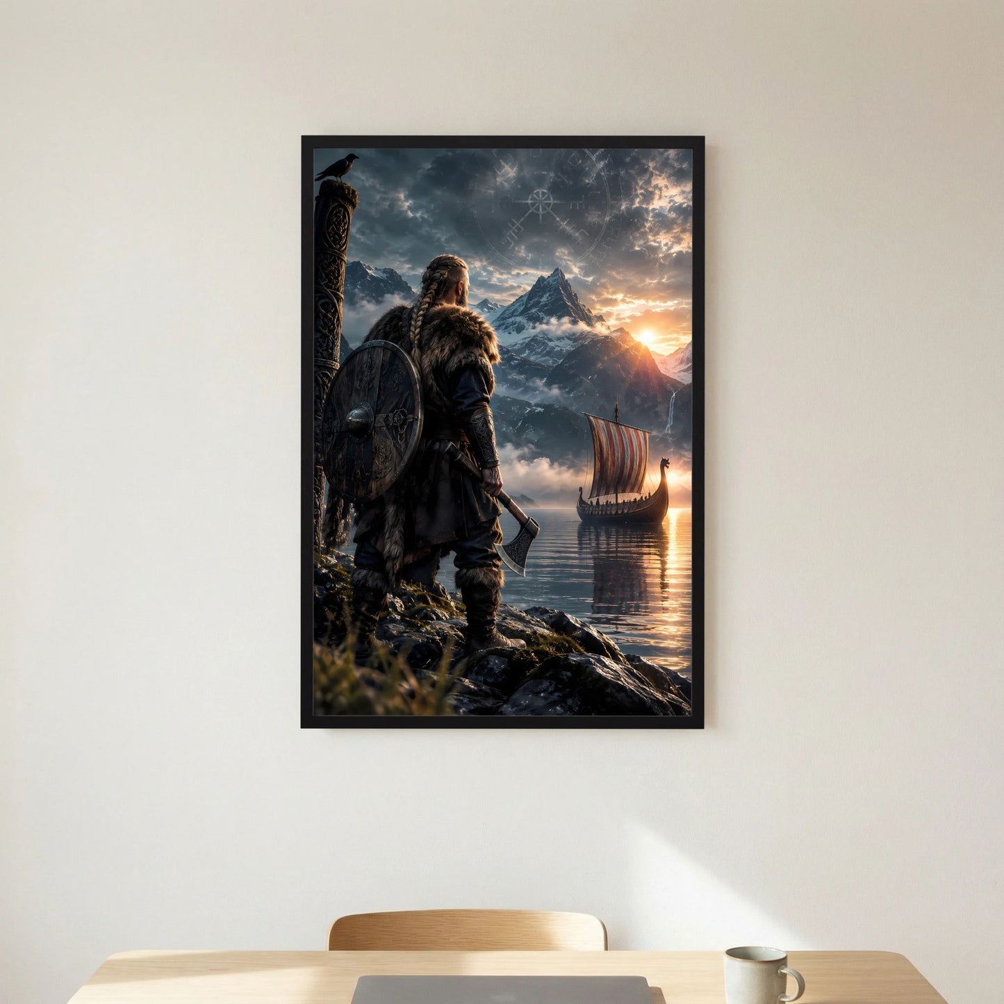 Fantasy-Poster Hochformat mit schwarzem Rahmen: Wikingerkrieger vor Fjord, Wikingerschiff am Wasser
