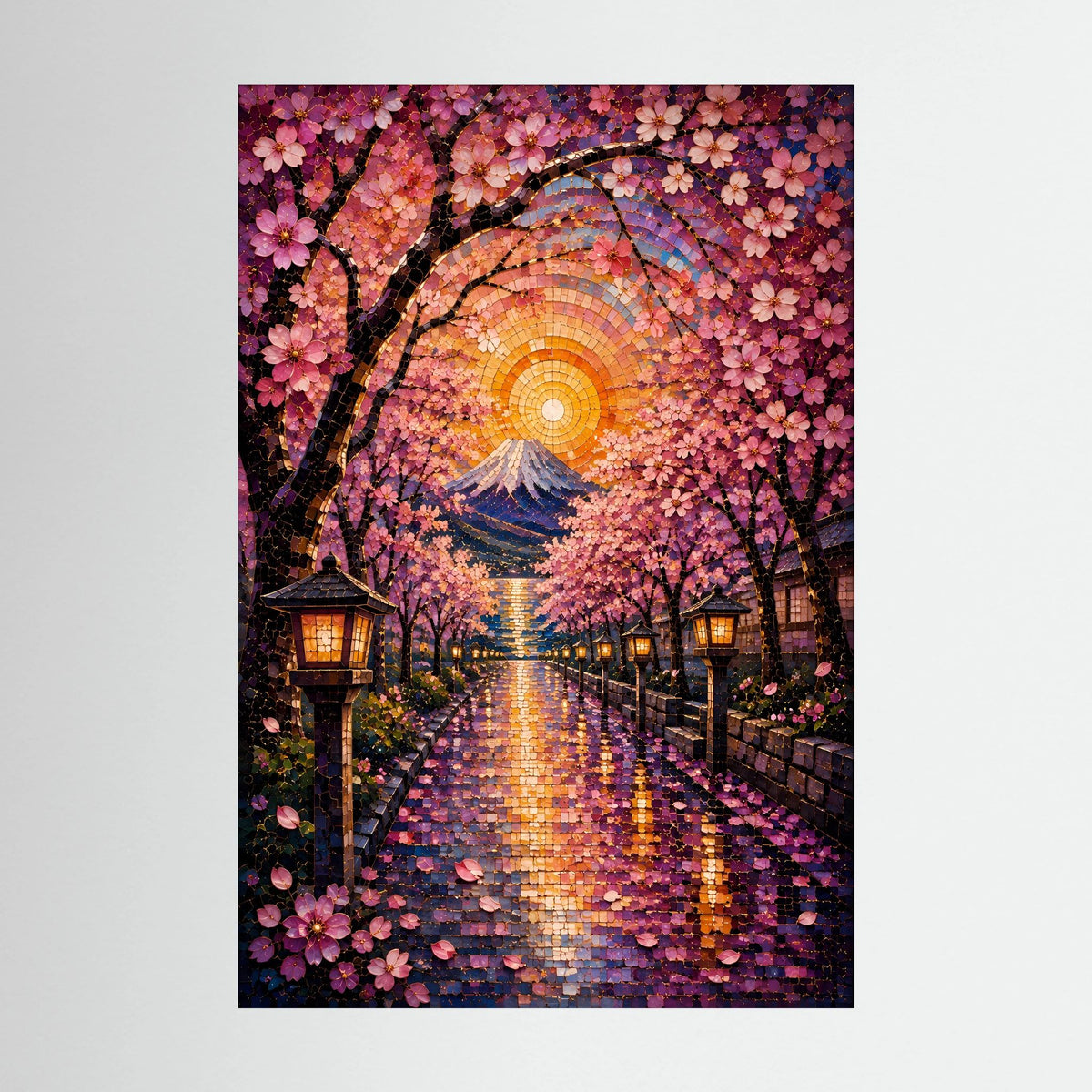 Kirschblütenweg zum Fuji | Japanisches Mosaik mit Sakura & Laternen | Poster Hochformat