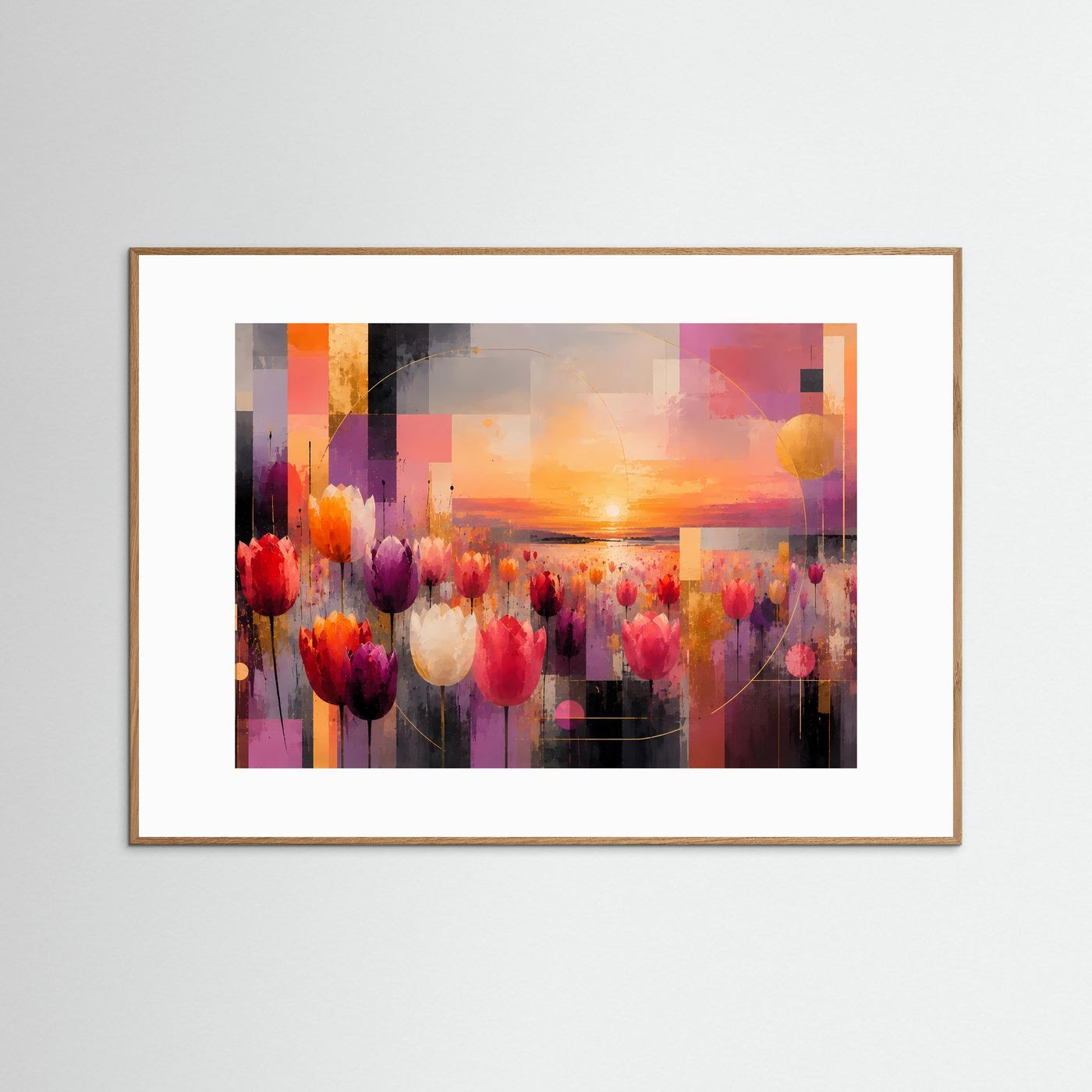 Querformat-Poster mit abstrakten Tulpen und Sonnenuntergang, goldbrauner Holzrahmen