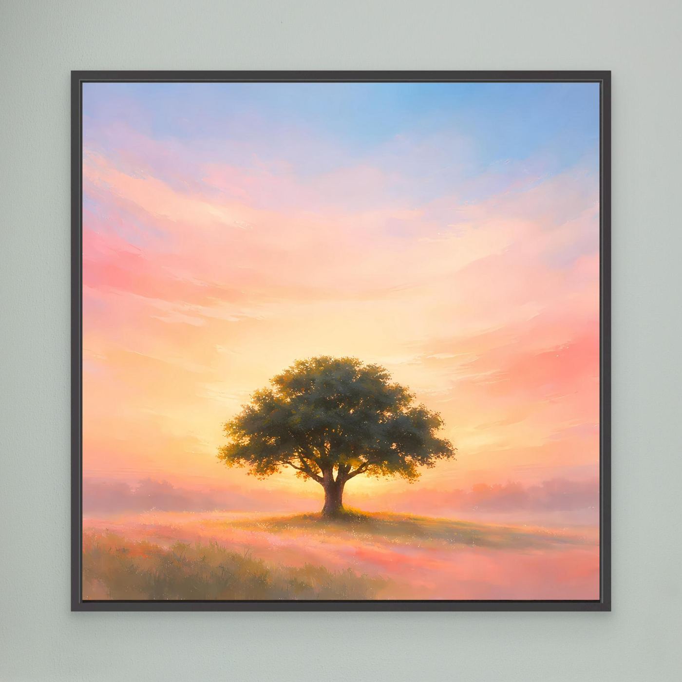 Wandbild mit schwarzem Rahmen: einsamer Baum bei Pastell-Sonnenaufgang