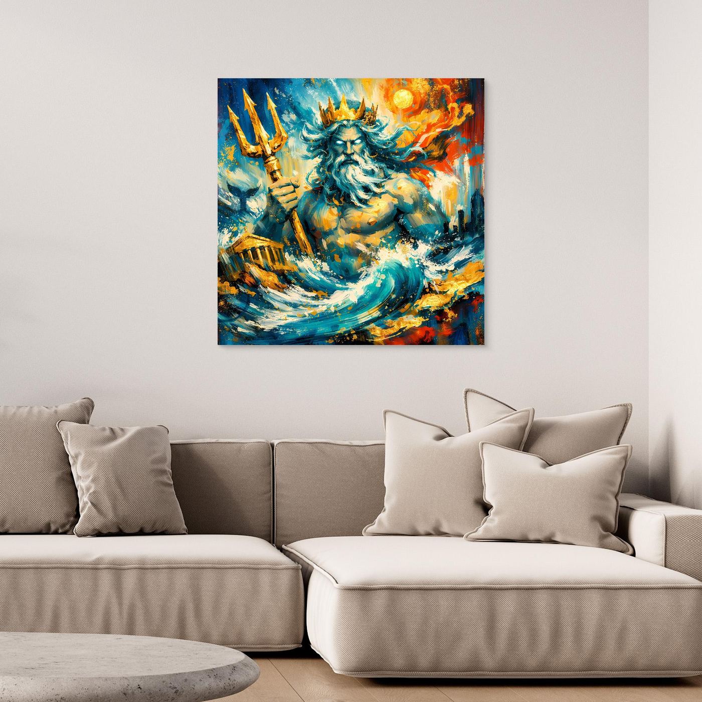 Leinwandbild mit Poseidon-Meerwesen im abstrakten Farbspiel, dynamische Meereswellen