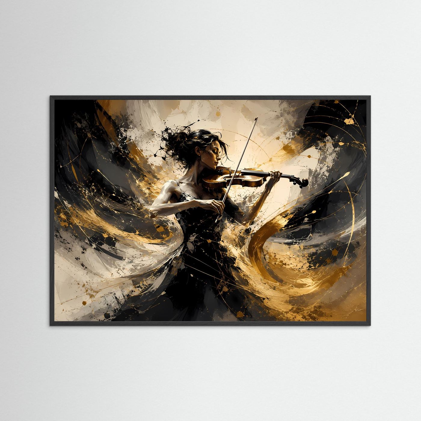 Elegante Geigerin in Gold und Schwarz | Musik & Abstrakte Kunst Wandbild