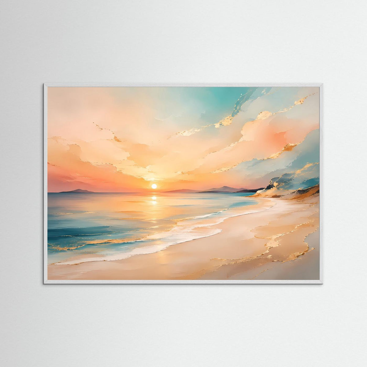 Poster mit Strand bei Sonnenuntergang, querformat mit hellem Rahmen aus Holz