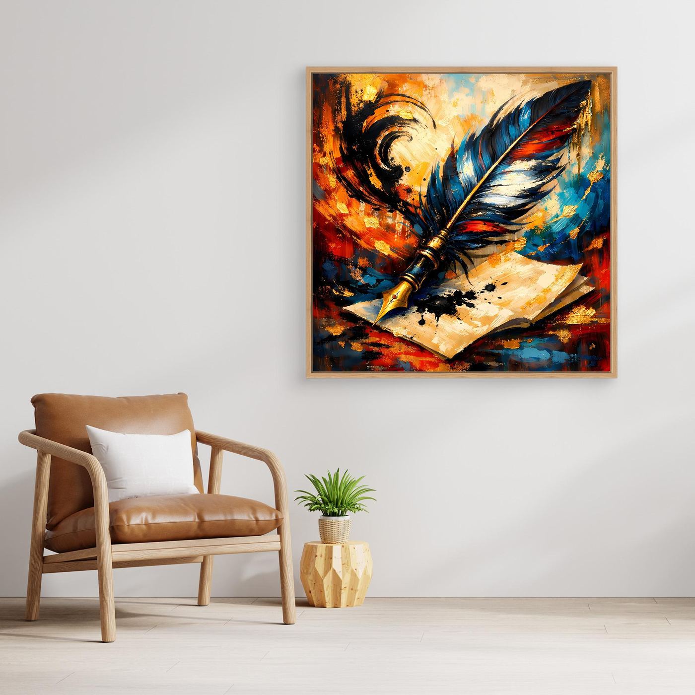 Leinwandbild mit Federkiel, abstrakte Schreibkunst, blaue und orangefarbene Akzente, goldener Rahmen