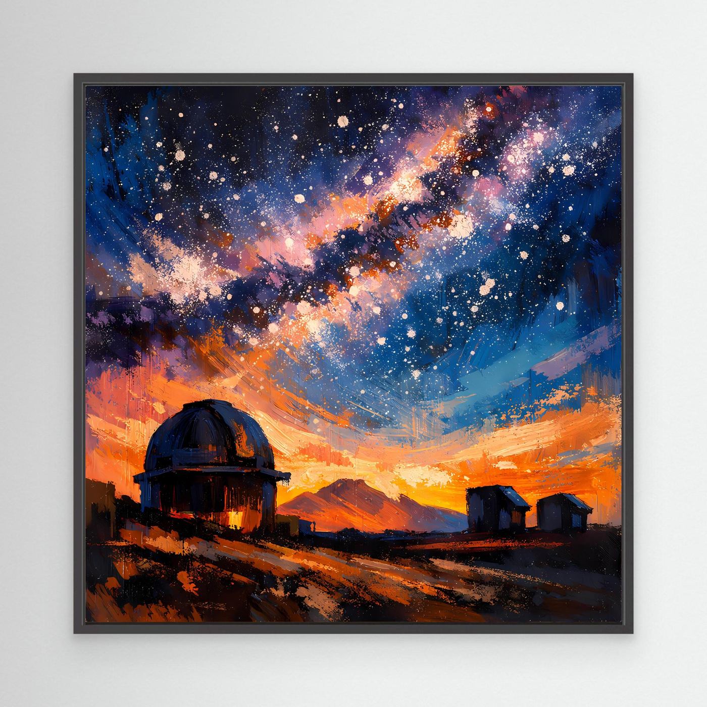 Leinwand-Wandbild im schwarzen Rahmen mit Sternenhimmel, Milchstraße und Sternwarte