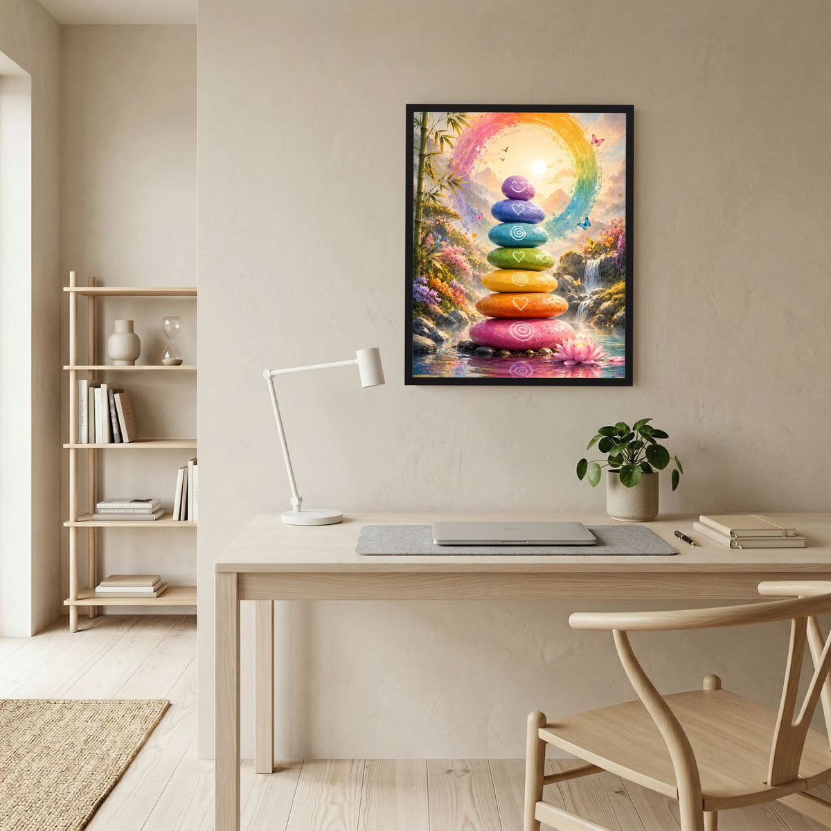 Schwarz gerahmtes Zen-Poster mit Regenbogenkreis und gestapelten farbigen Steinen