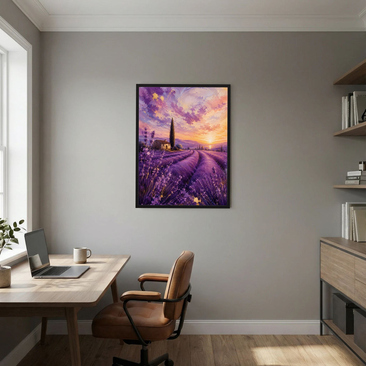 Hochformat-Poster mit Lavendelfeld bei Sonnenuntergang, violett-goldene Szene im dunklen Rahmen