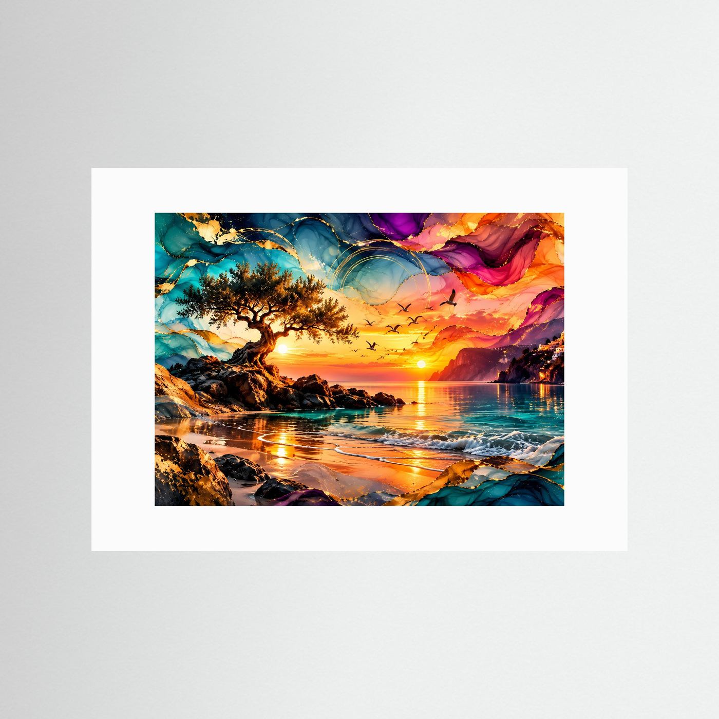 Mediterrane Küste Poster | Abstrakter Sonnenuntergang am Meer | Traumstrand Wandbild | Farbenfrohe Küstenlandschaft Leinwand | Luxuriöse Wall Art