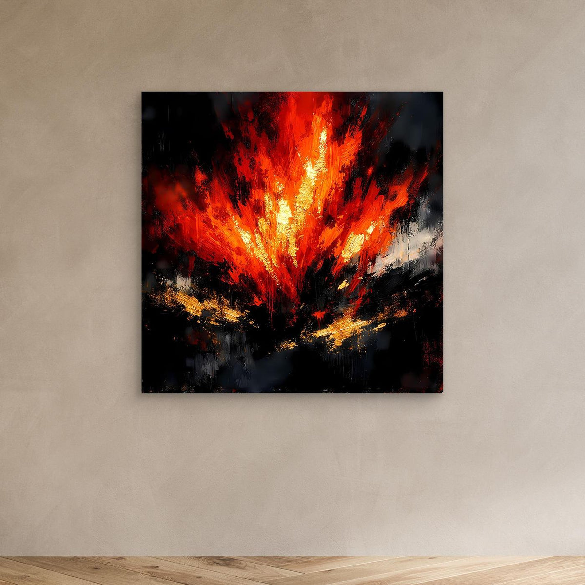Abstraktes Leinwand-Wandbild mit Feueroptik in Rot und Orange auf dunklem Hintergrund