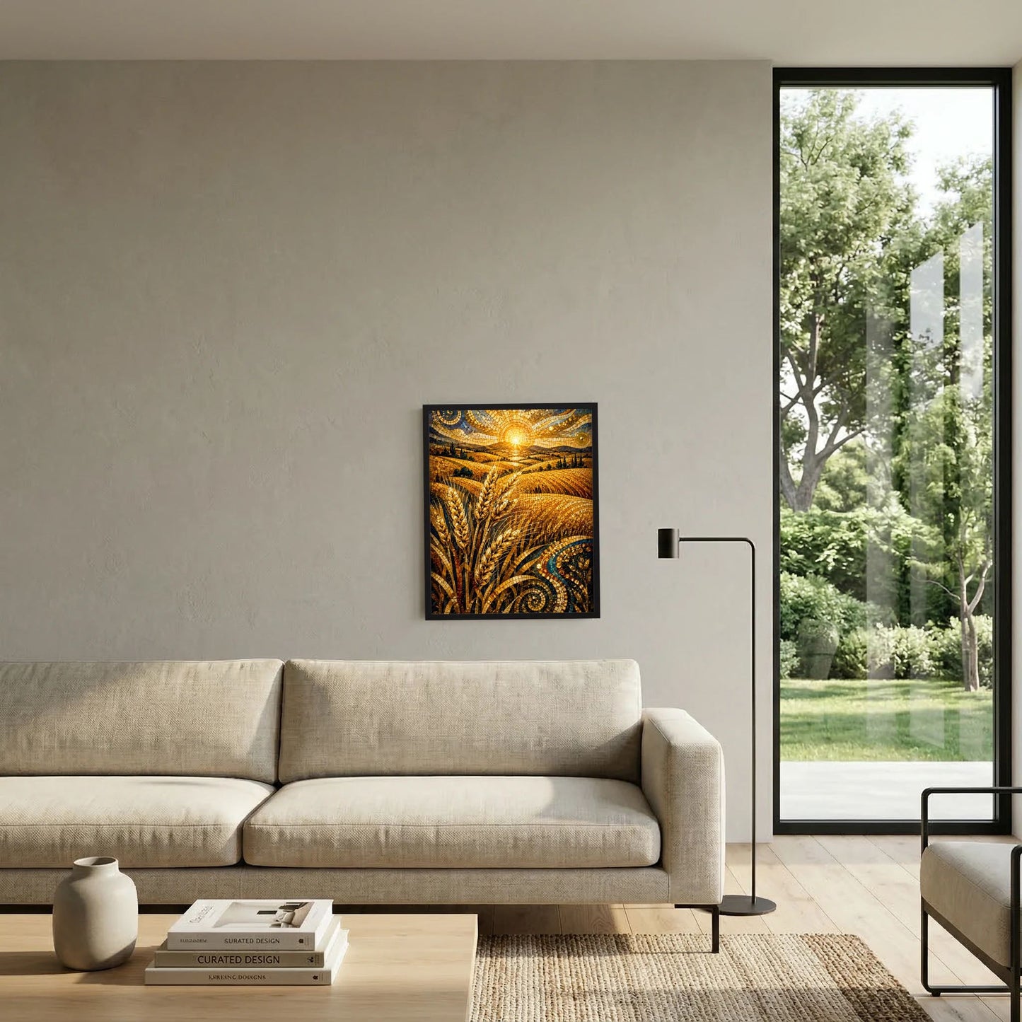 Schwarz gerahmtes Poster mit goldenem Weizenfeld-Mosaik und Sonne über den Ähren