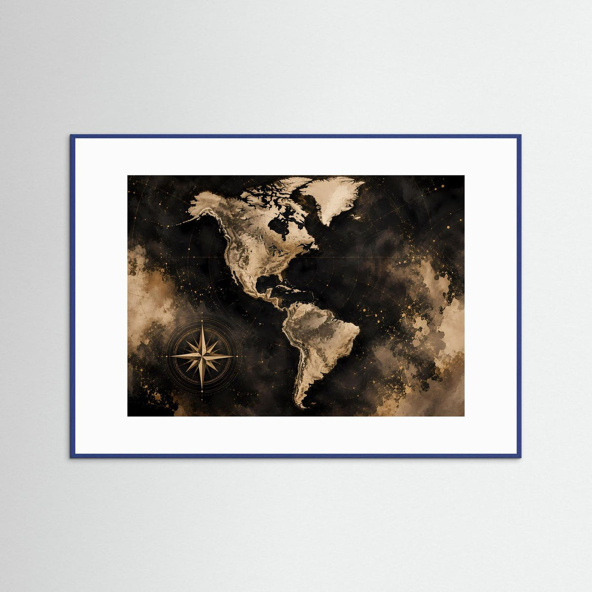 Poster Weltkarte Amerika mit Kompass, schwarz-gold, querformatig, in blauem Rahmen