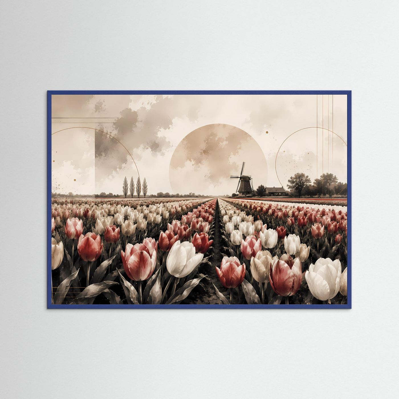 Poster Querformat mit Tulpenfeld und Windmühle, Beige-Rosa-Creme, blauer Rahmen