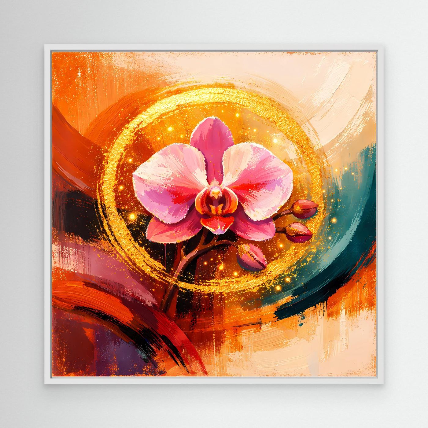 Florales Leinwandbild mit goldener Orchidee im Kreis, weißer Rahmen