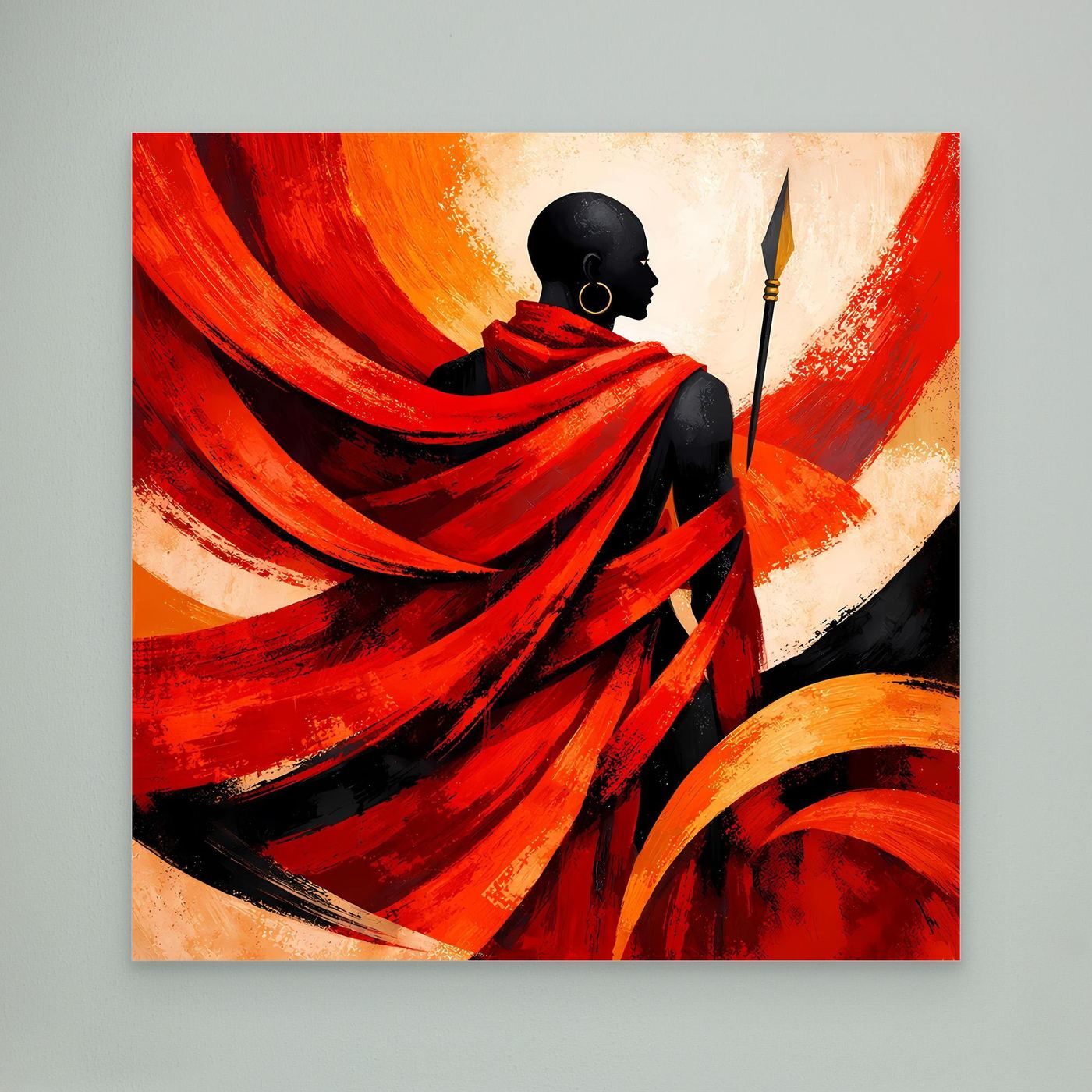 Leinwand-Wandbild mit afrikanischer Krieger-Silhouette, Speer und rotem Tuch