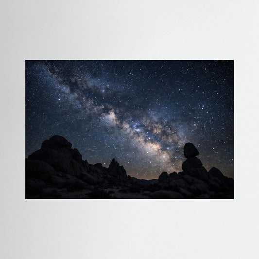 Poster im Querformat: Milchstraße über Felsen bei Nacht mit Sternenhimmel.