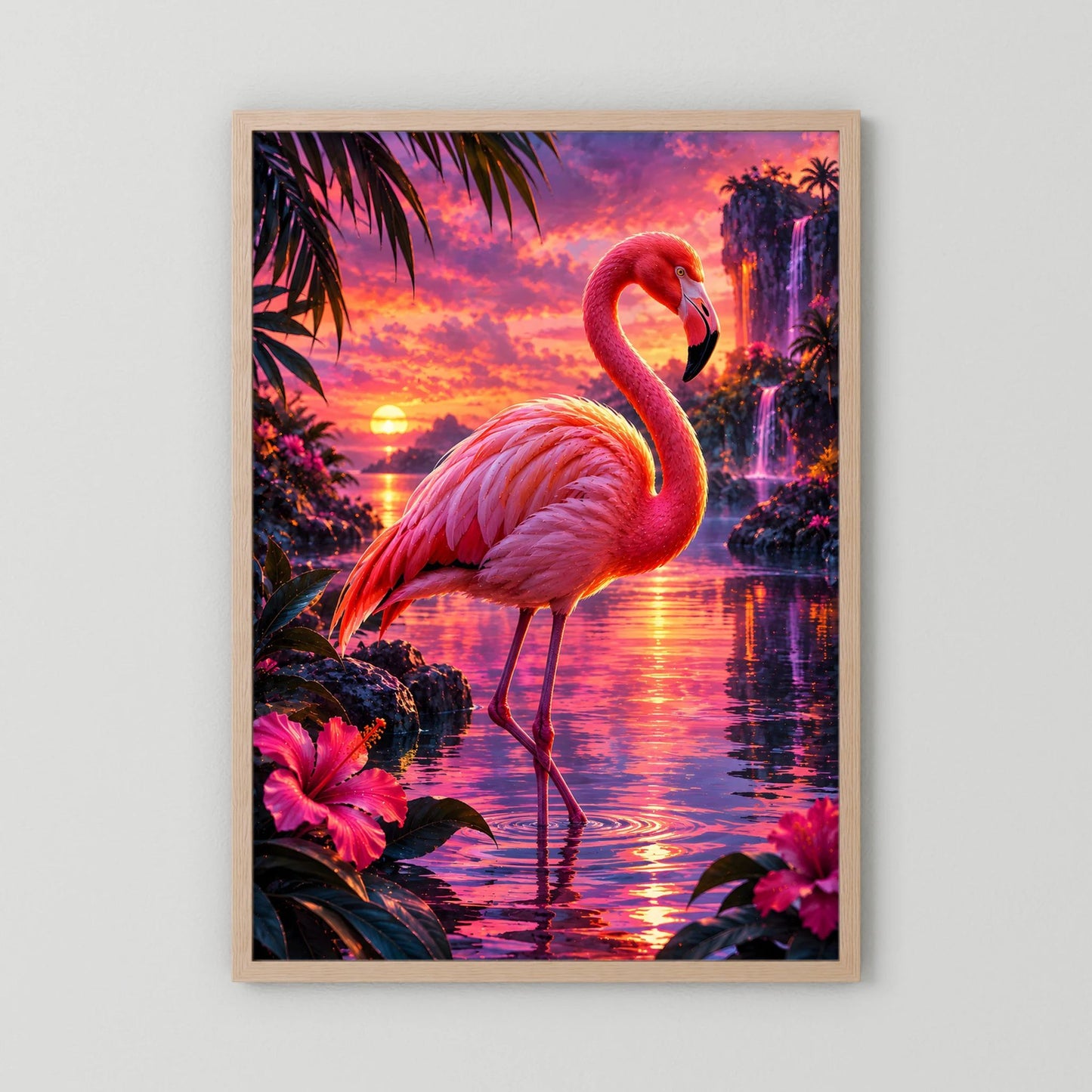 Flamingo-Tierposter im Hochformat mit hellem Holzrahmen und tropischem Abendlicht