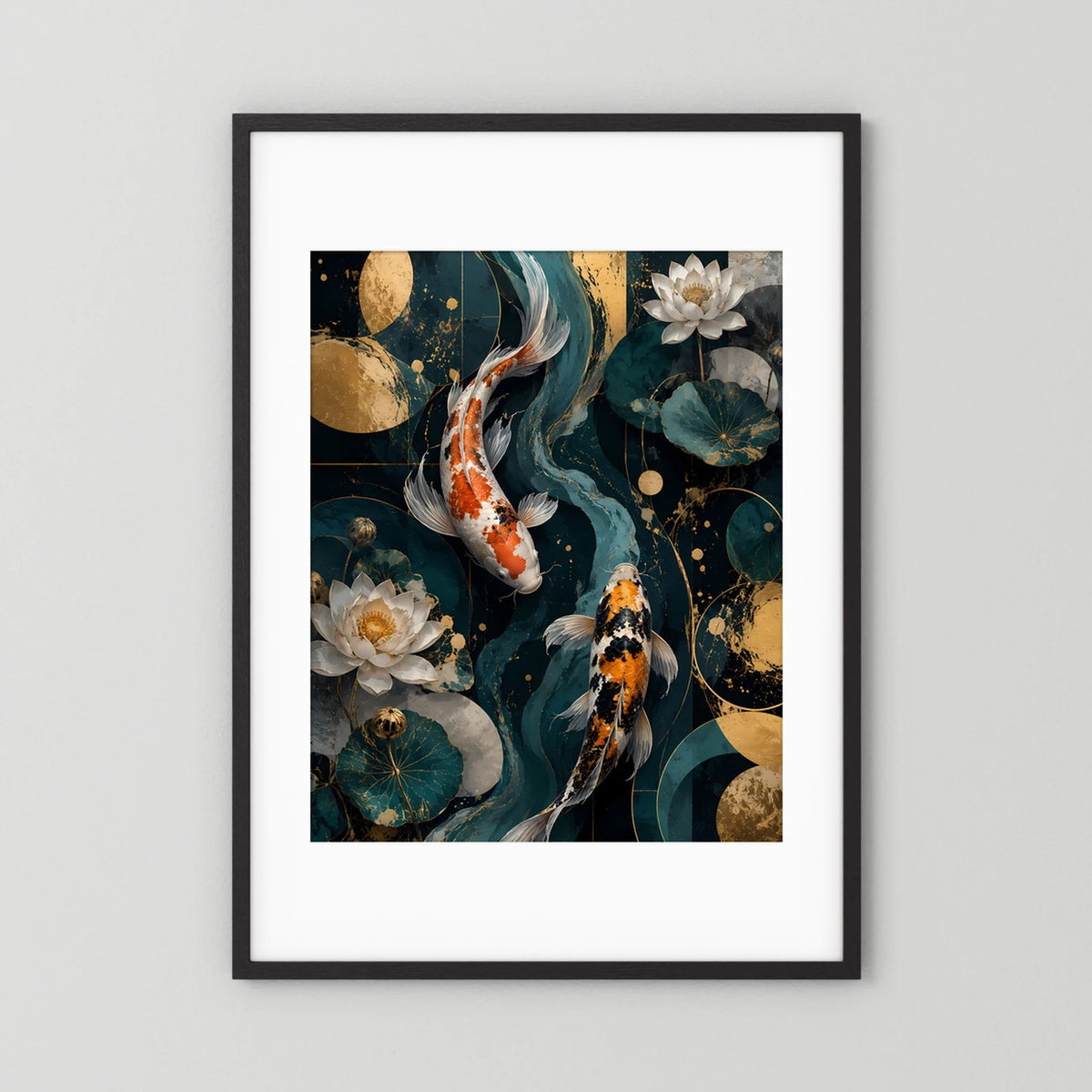 Schwarz gerahmtes Hochformat-Poster: Koi-Fische und weiße Lotusblüten auf Petrol