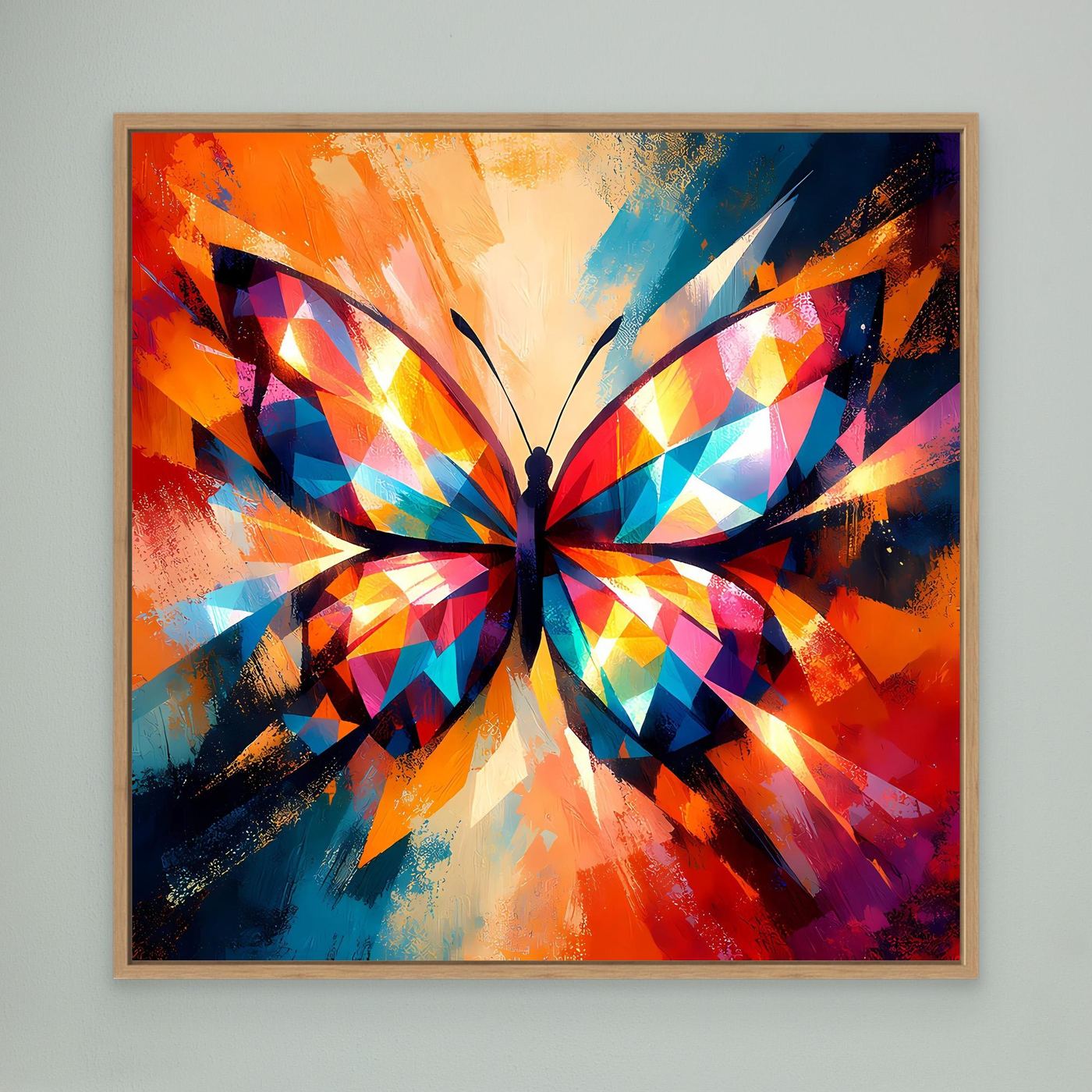 Leinwand-Wandbild: farbenfroher Schmetterling in geometrischem Muster, Eichenrahmen