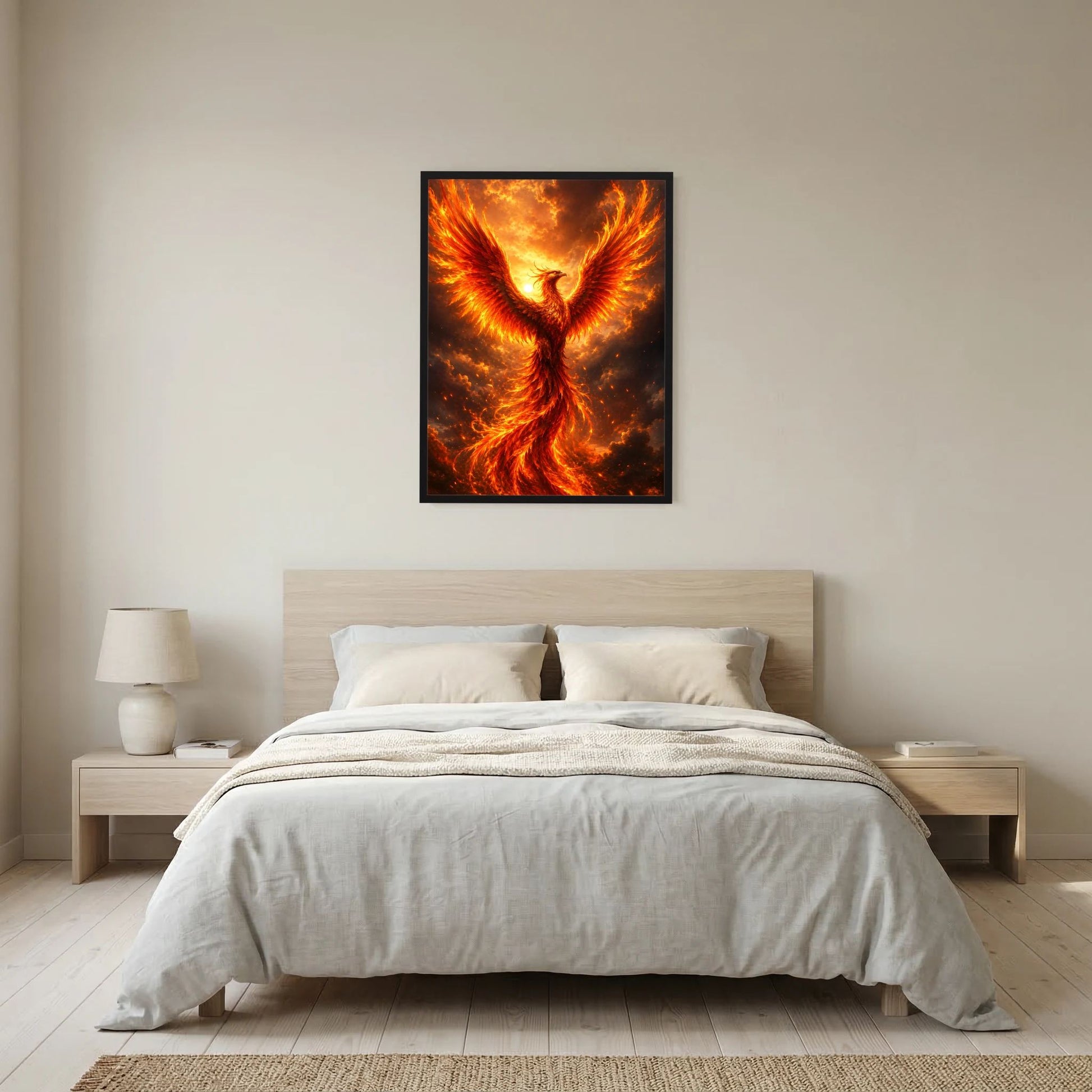 Wandposter mit flammendem Phönix, goldorange Flügel auf dunklem Hintergrund