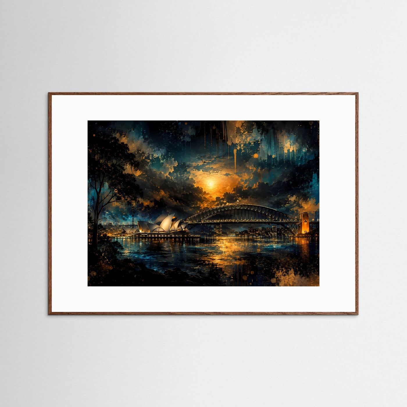 Sydney Poster | Sydney Opera House & Harbour Bridge bei Nacht | Australien Wandbild | Moderne Skyline Kunst | Gold Blau Fine Art | Premium Wanddekoration