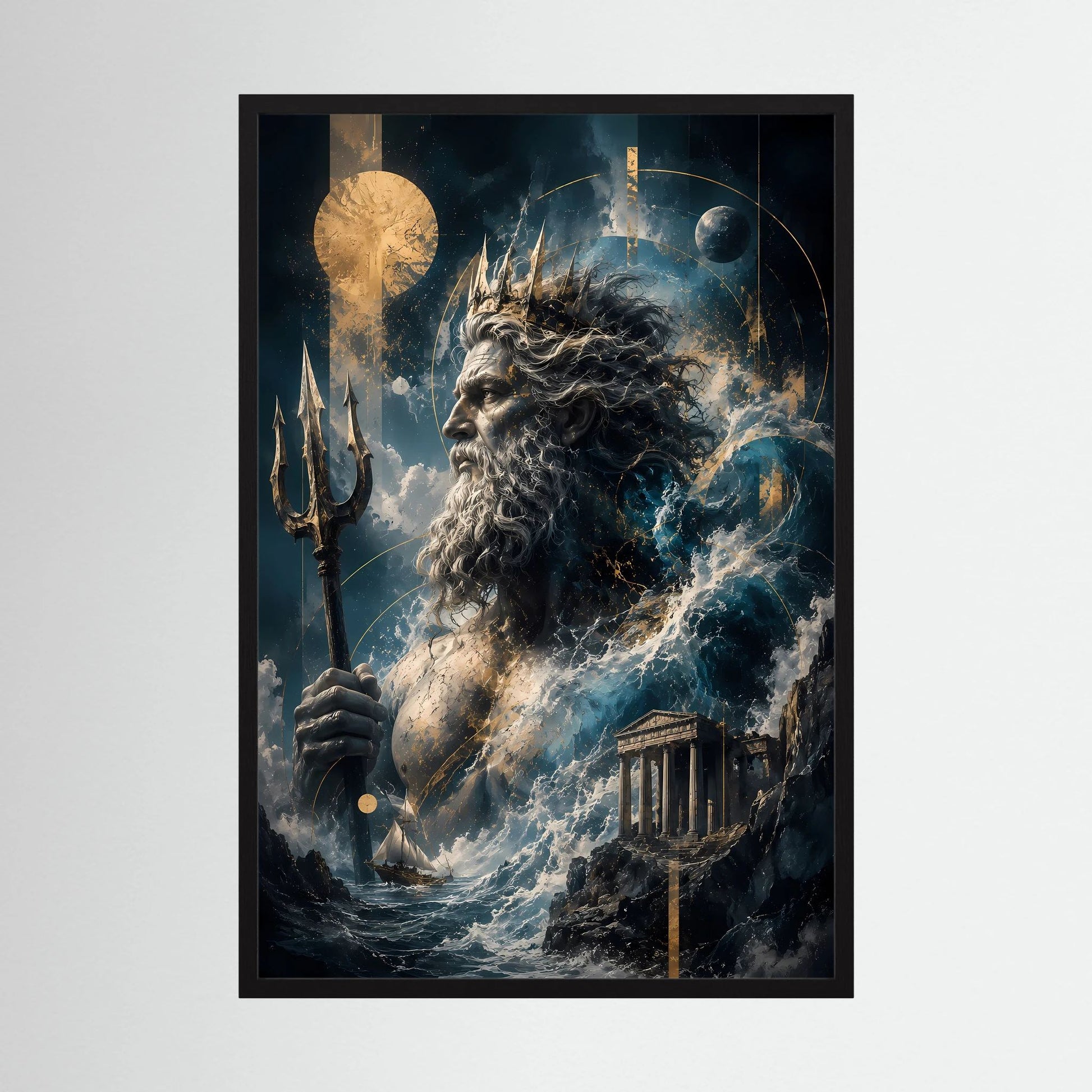 Hochformat-Poster mit Poseidon, Dreizack und tosenden Wellen, in schwarzem Rahmen