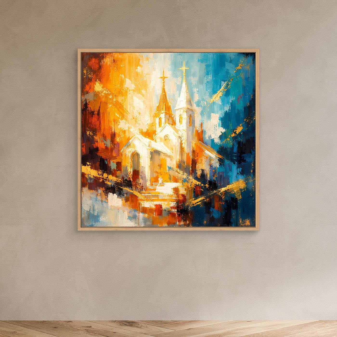 Leinwandbild mit abstraktem Kirchenmotiv in warmem Orange und Blau, Eichenrahmen