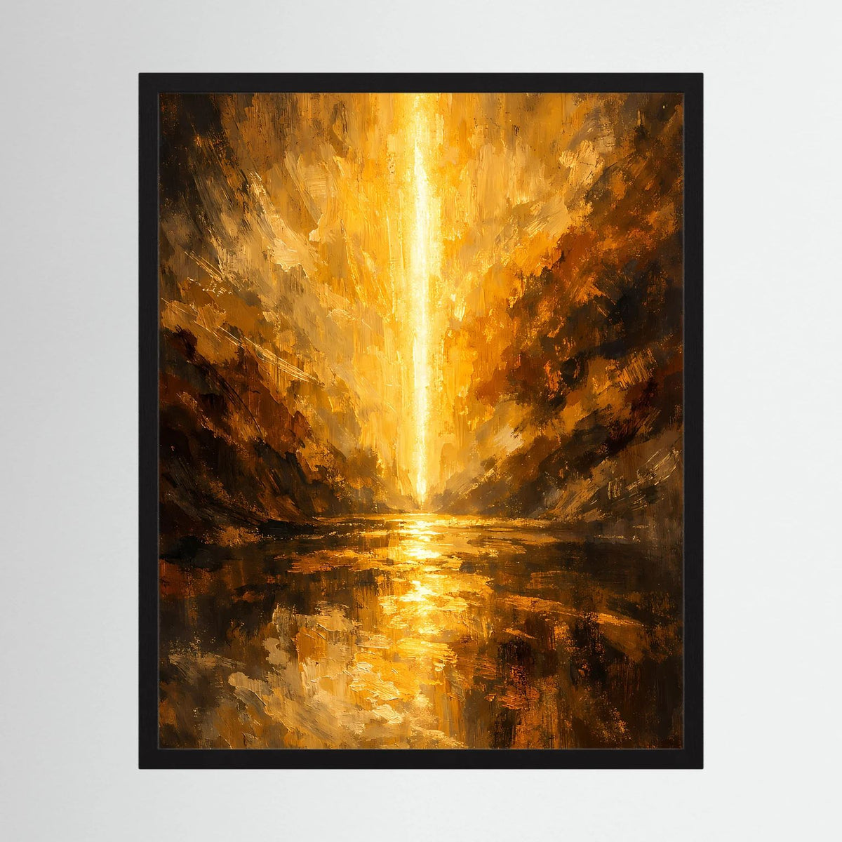 Hochformat-Poster mit schwarzem Rahmen, goldene Lichtquelle im Canyon, abstrakt in Schwarz