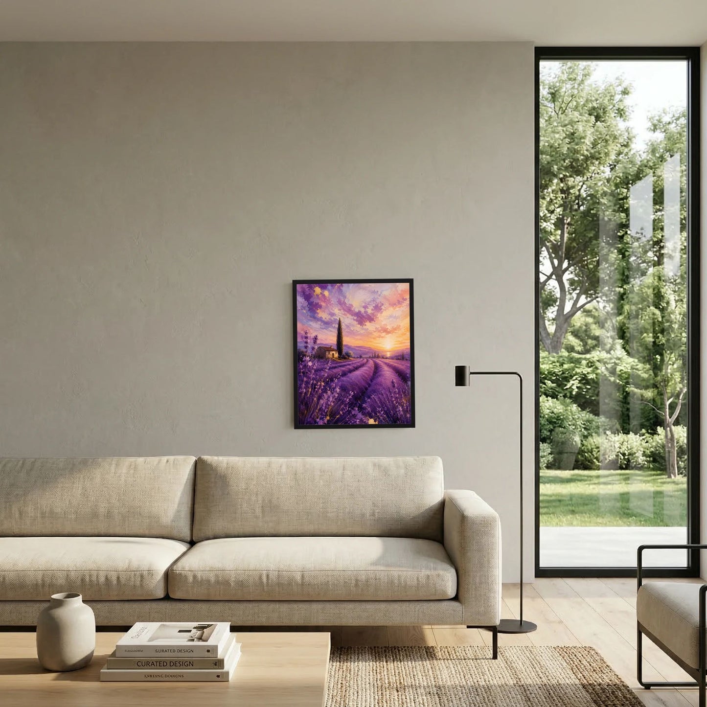 Gerahmtes Poster mit Lavendelfeld und Sonnenuntergang in Lila und Gold am Fensterbereich.