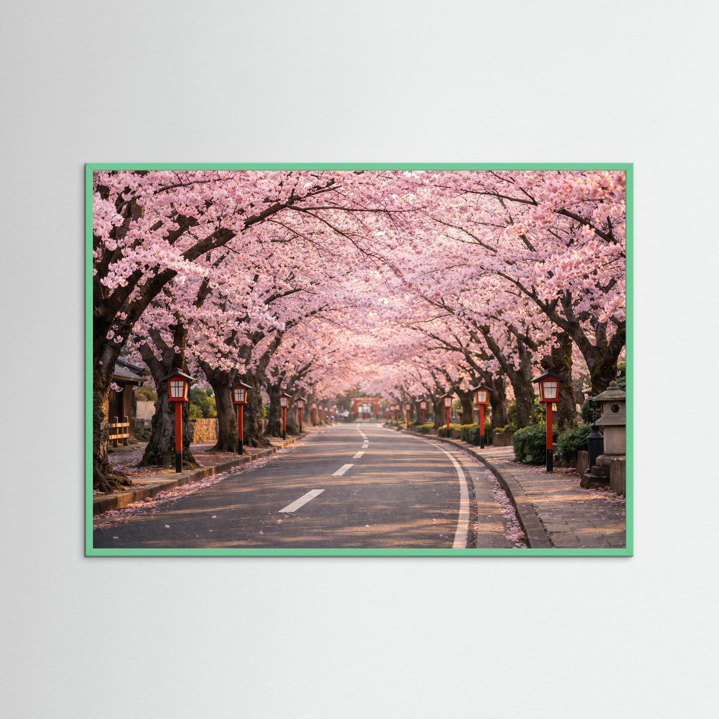 Kirschblütenallee-Panorama-Poster mit türkisgrünem Rahmen, rosa Blüten über japanischer Straße.