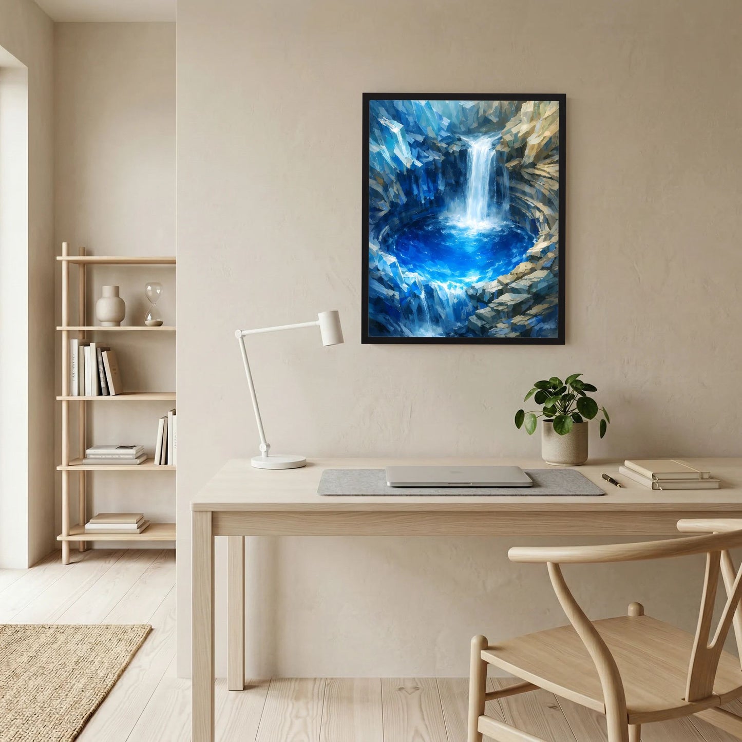 Gerahmtes Poster mit blauem Wasserfallmotiv und türkis leuchtendem Becken