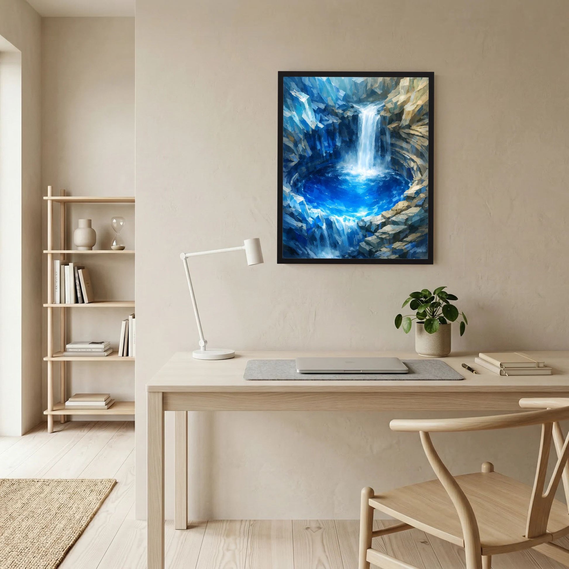Gerahmtes Poster mit blauem Wasserfallmotiv und türkis leuchtendem Becken