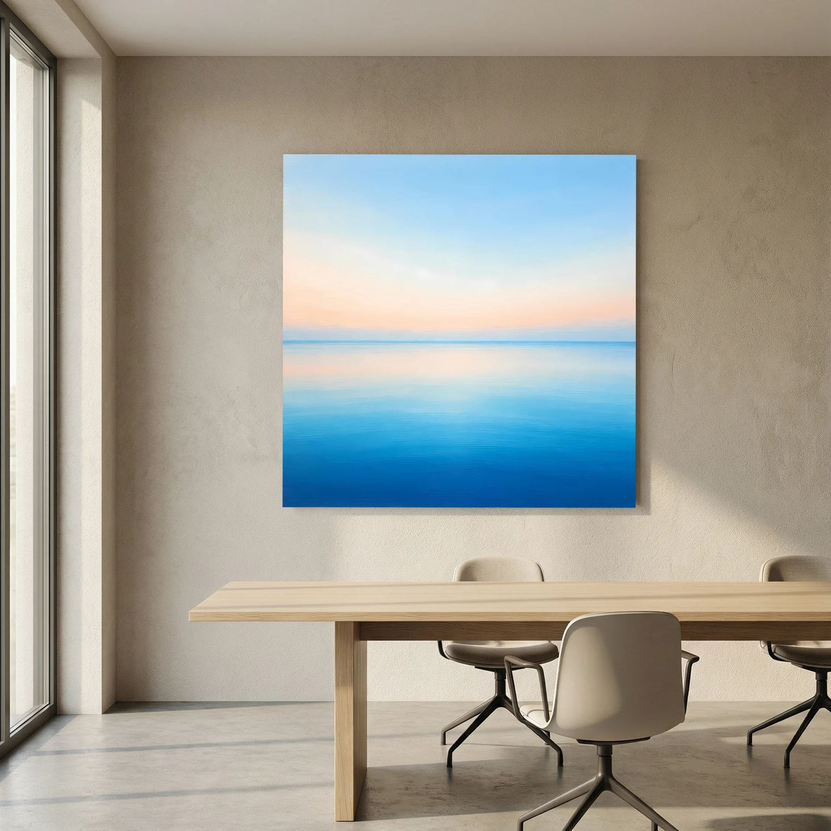 Quadratisches Leinwandbild mit pastellfarbenem Meer und Horizontlinie