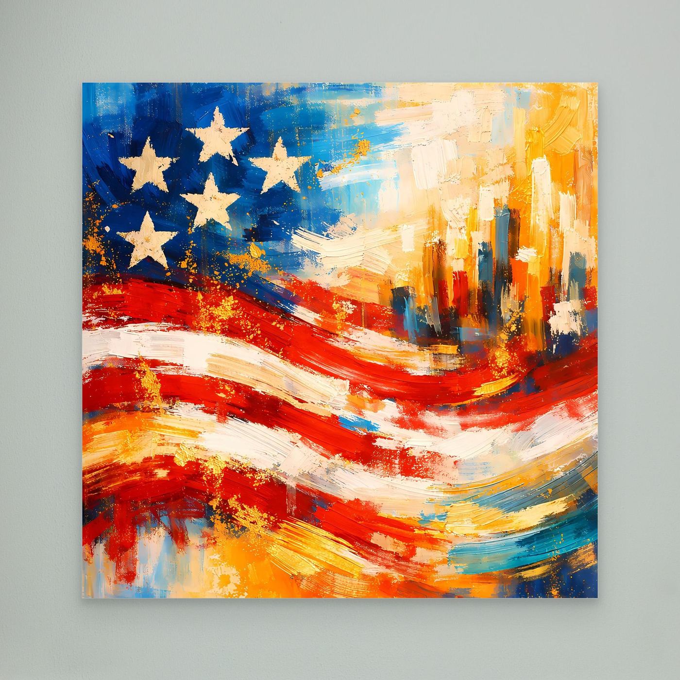 Leinwandbild mit abstrakter US-Flagge, blaue Sterne, rote Streifen und goldene Akzente