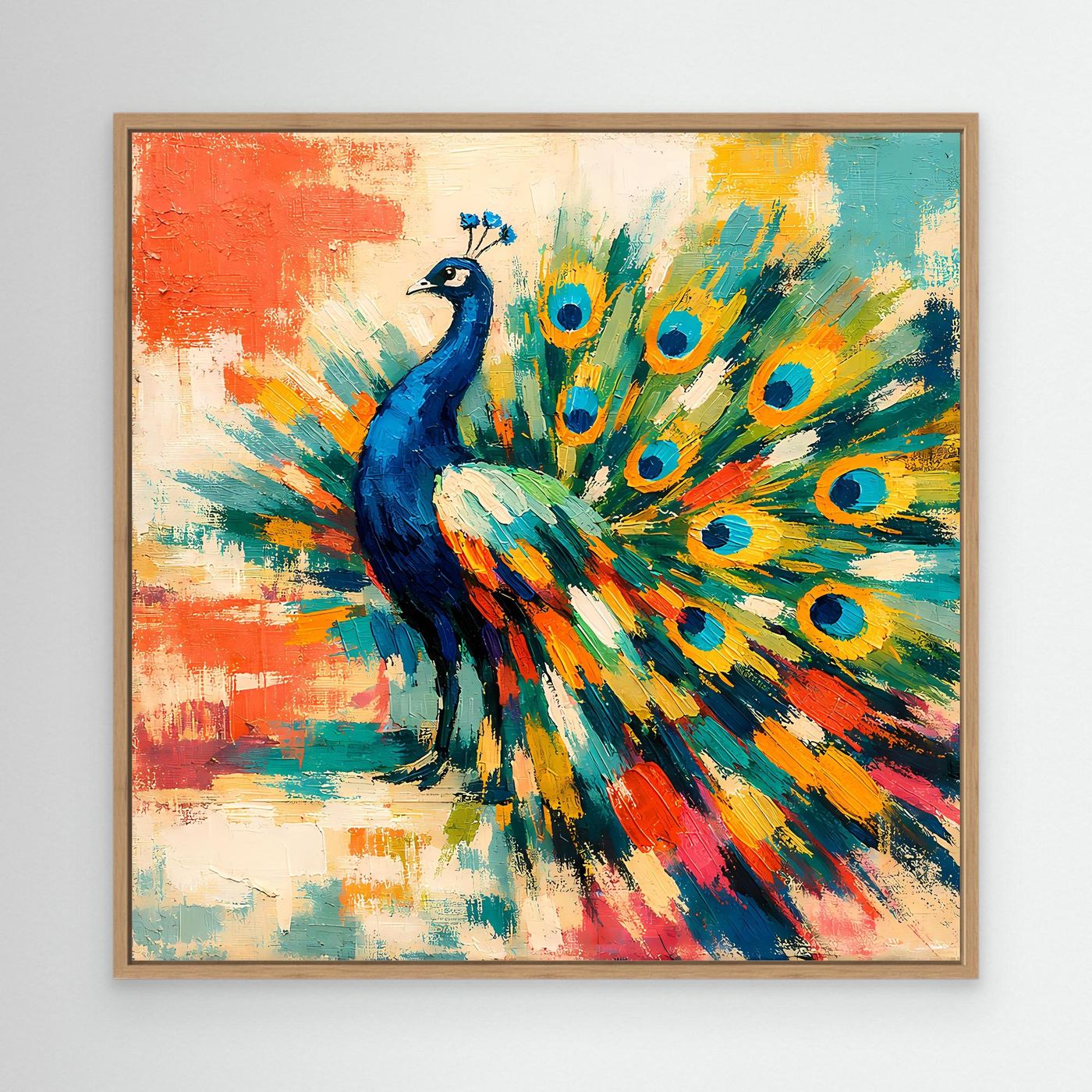 Framed abstract peacock canvas wall art with blue bird and colorful teal, yellow feather fan.