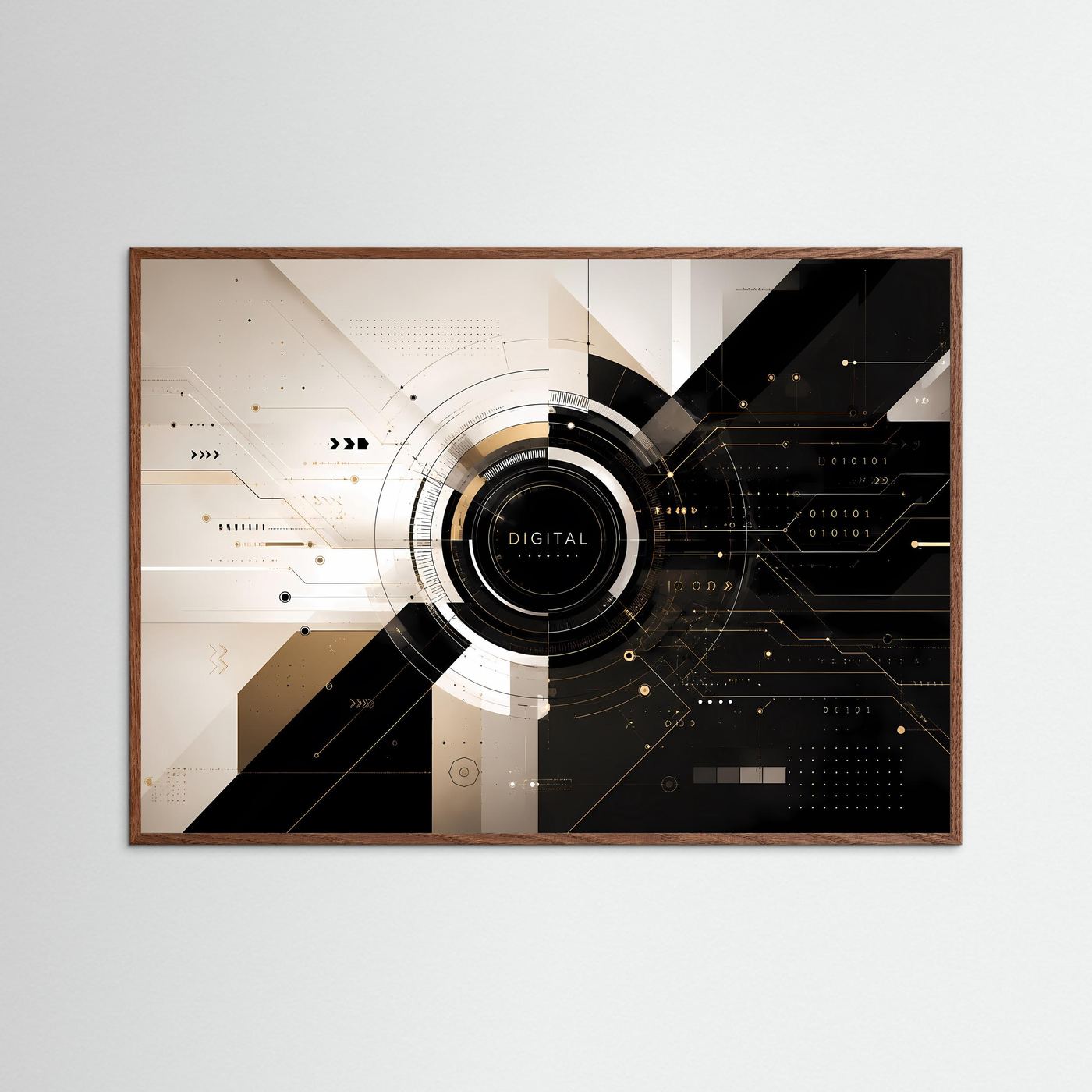 Abstraktes Tech-Poster im Querformat mit Digital-Emblem, braunem Holzrahmen