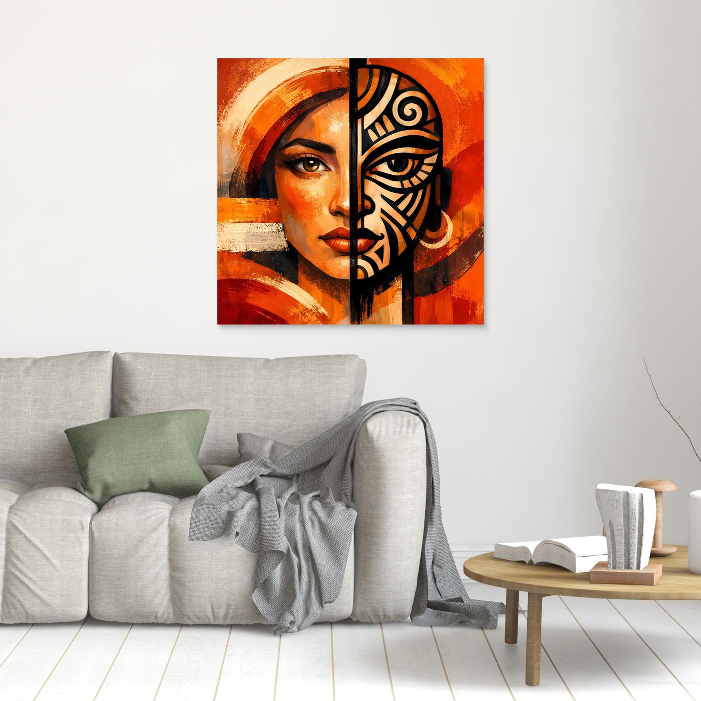 Kleines Leinwandbild mit Frauenporträt und schwarzer Maske, orangefarbig, heller Rand.