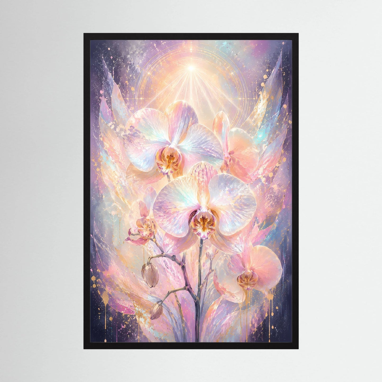 Poster im Hochformat mit Pastell-Orchideen, schwarzer Rahmen und goldene Lichtakzente