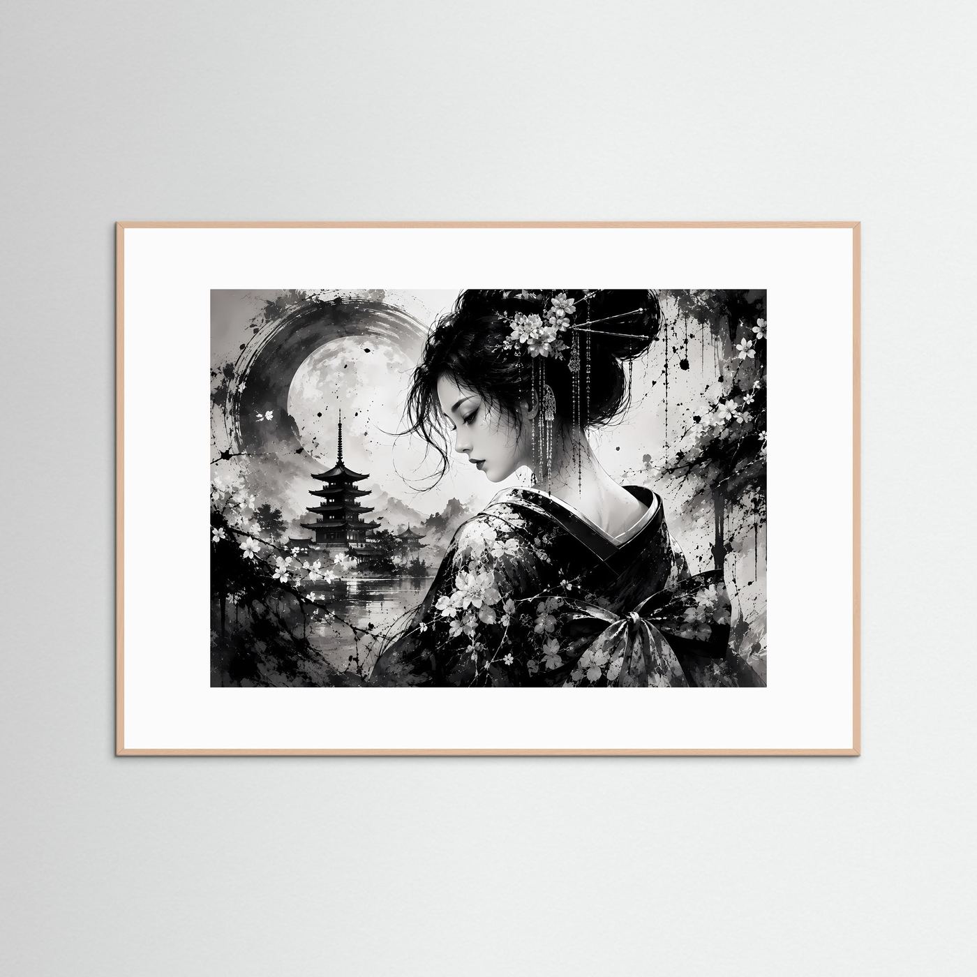 Geisha Poster Schwarz Weiß | Japanische Pagode & Vollmond | Sumi-e Wandbild | Asiatische Zen Kunst | Moderne Japan Wall Art