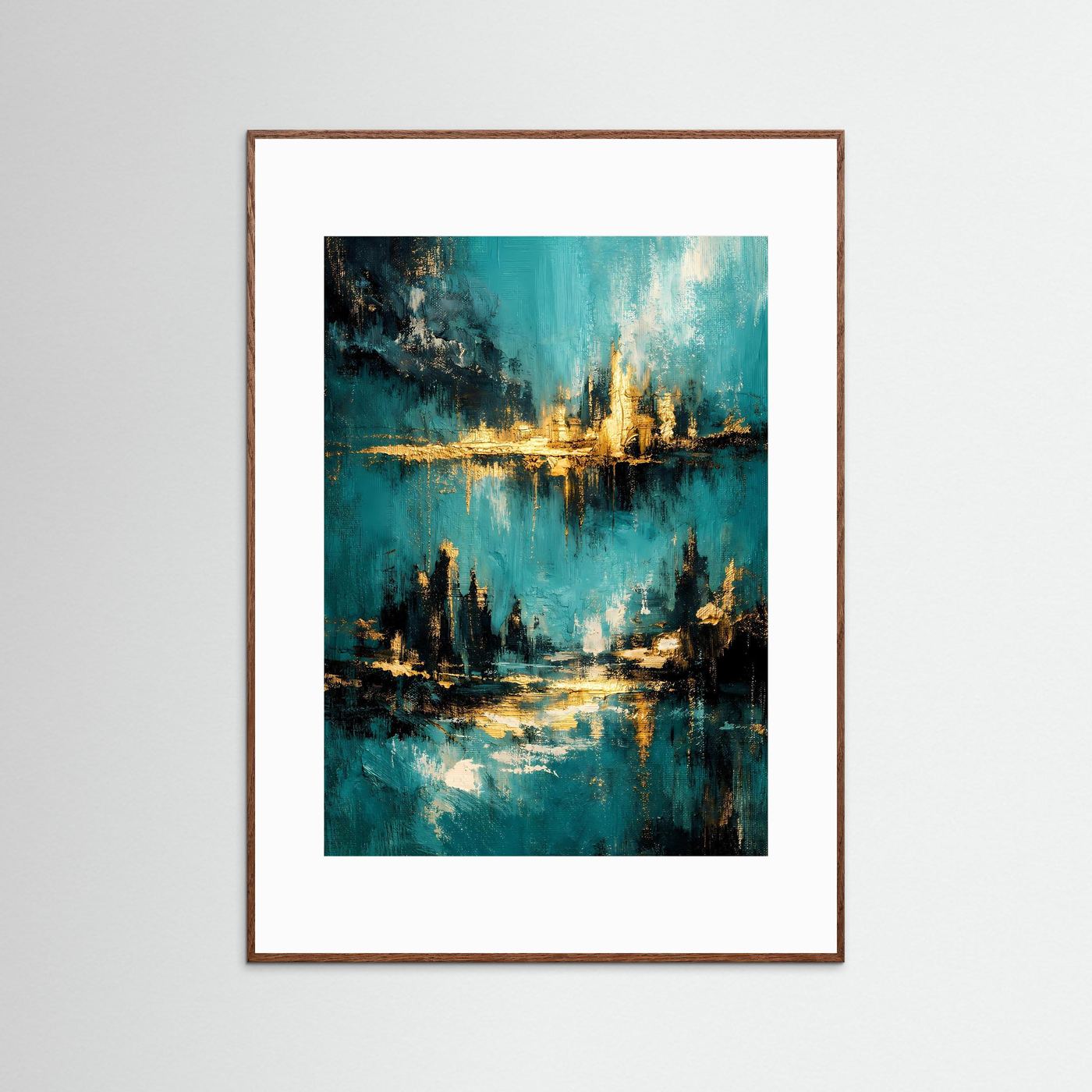 Hochformat-Poster mit abstraktem Meer in Türkis, Petrol und Gold, braun gerahmt