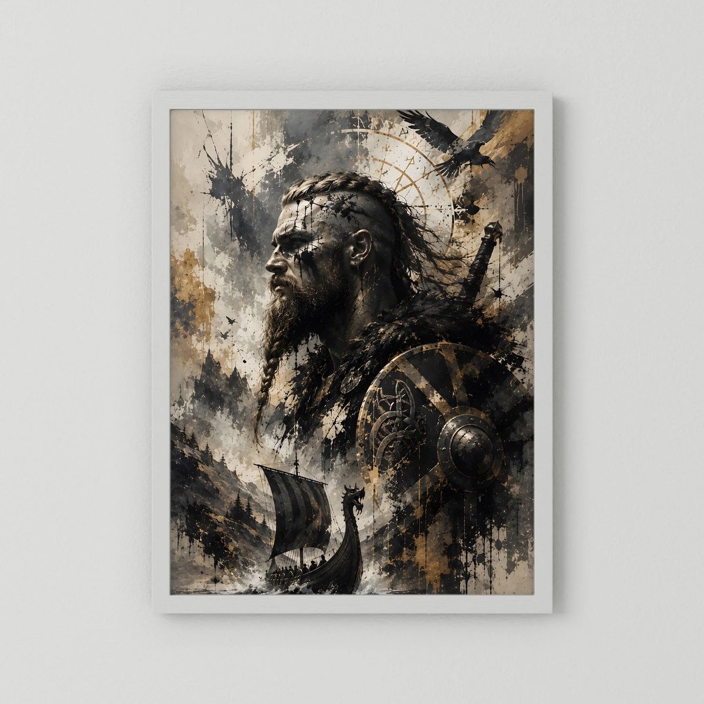Wikinger-Krieger-Poster im Hochformat mit hellem Rahmen, Krieger mit Schild und Speer.
