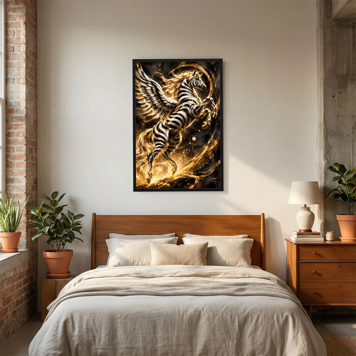 Poster Hochformat mit geflügeltem Zebra-Pegasus im schwarzen Rahmen, Schwarz-Weiß, Gold