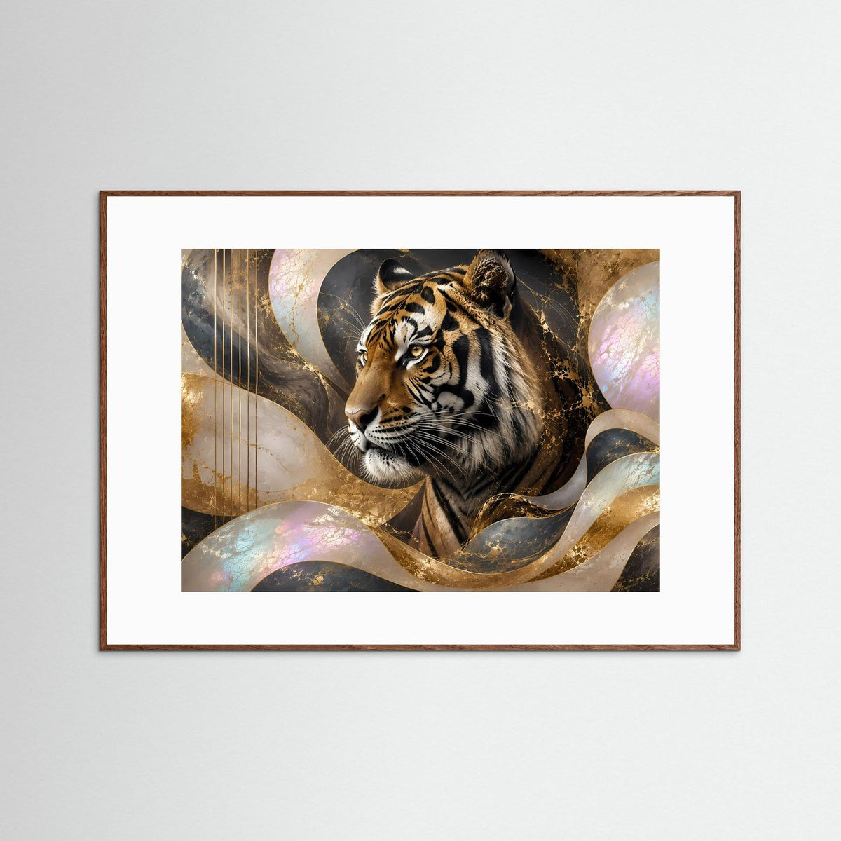 Abstraktes Tigermotiv, Tigerkopf in Gold- und Perlmuttfarben, brauner Rahmen