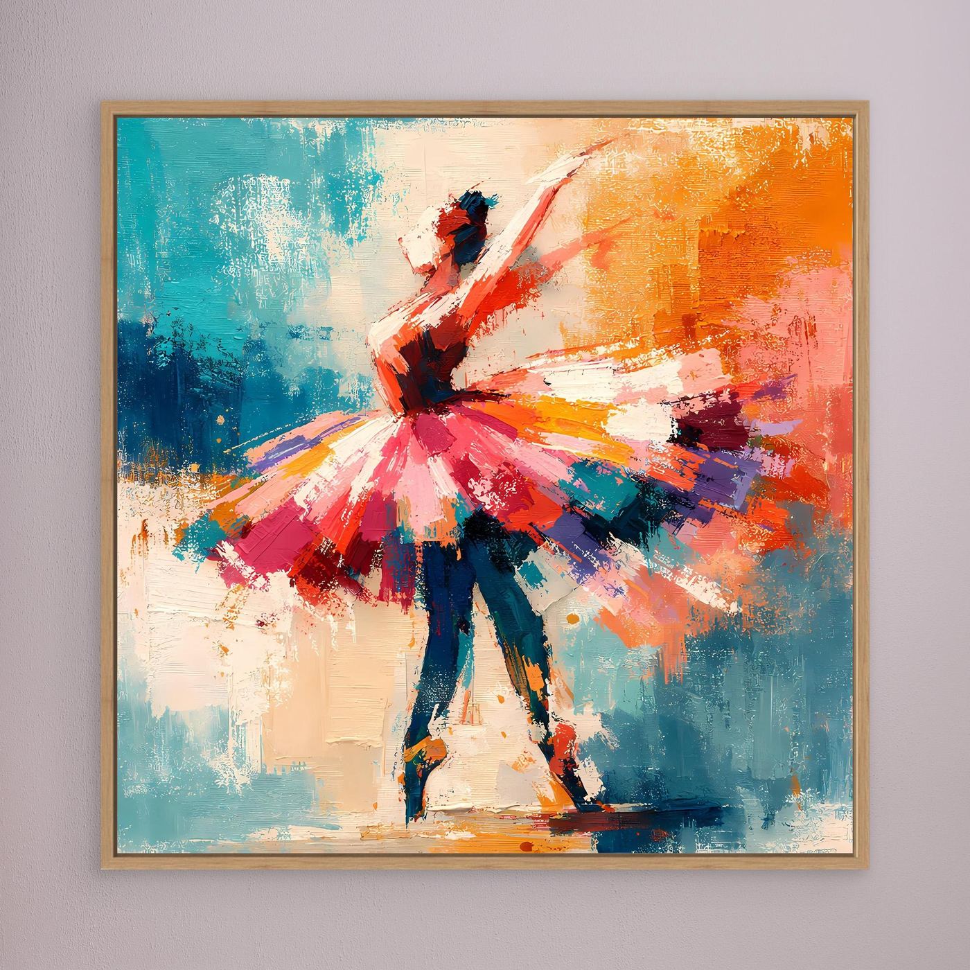 Oak-framed abstract ballerina wall art, full-body dancer in red, blue, orange strokes.