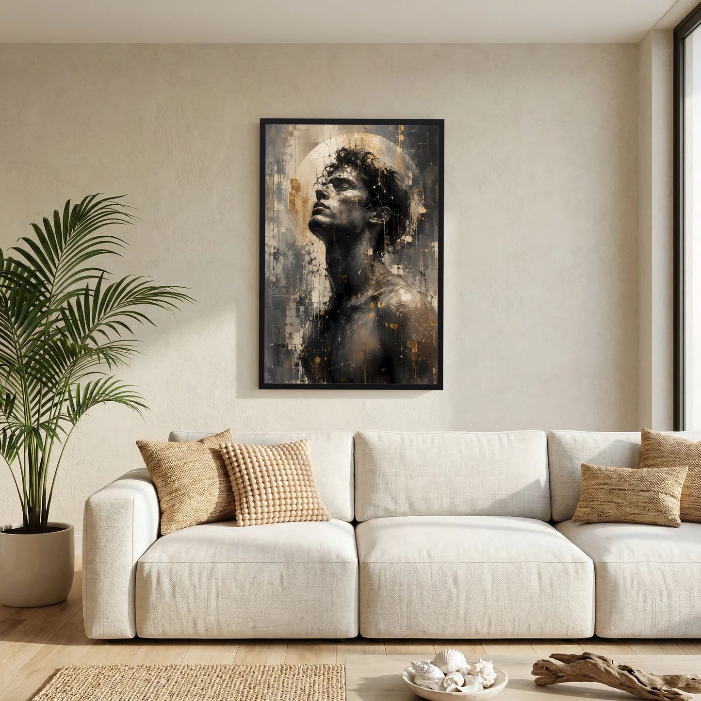 Wandposter im Wohnzimmer mit abstraktem Frauenporträt in Schwarz, Gold und Beige
