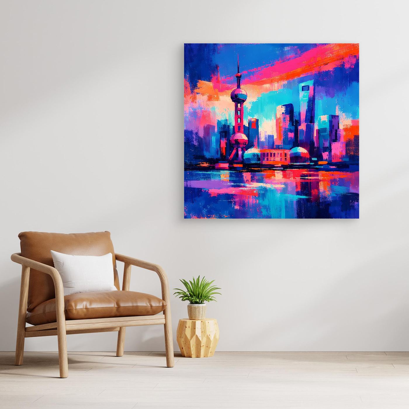 Quadratisches Leinwand-Wandbild ohne Rahmen mit abstrakter Neon-Skyline und leuchtender Reflexion