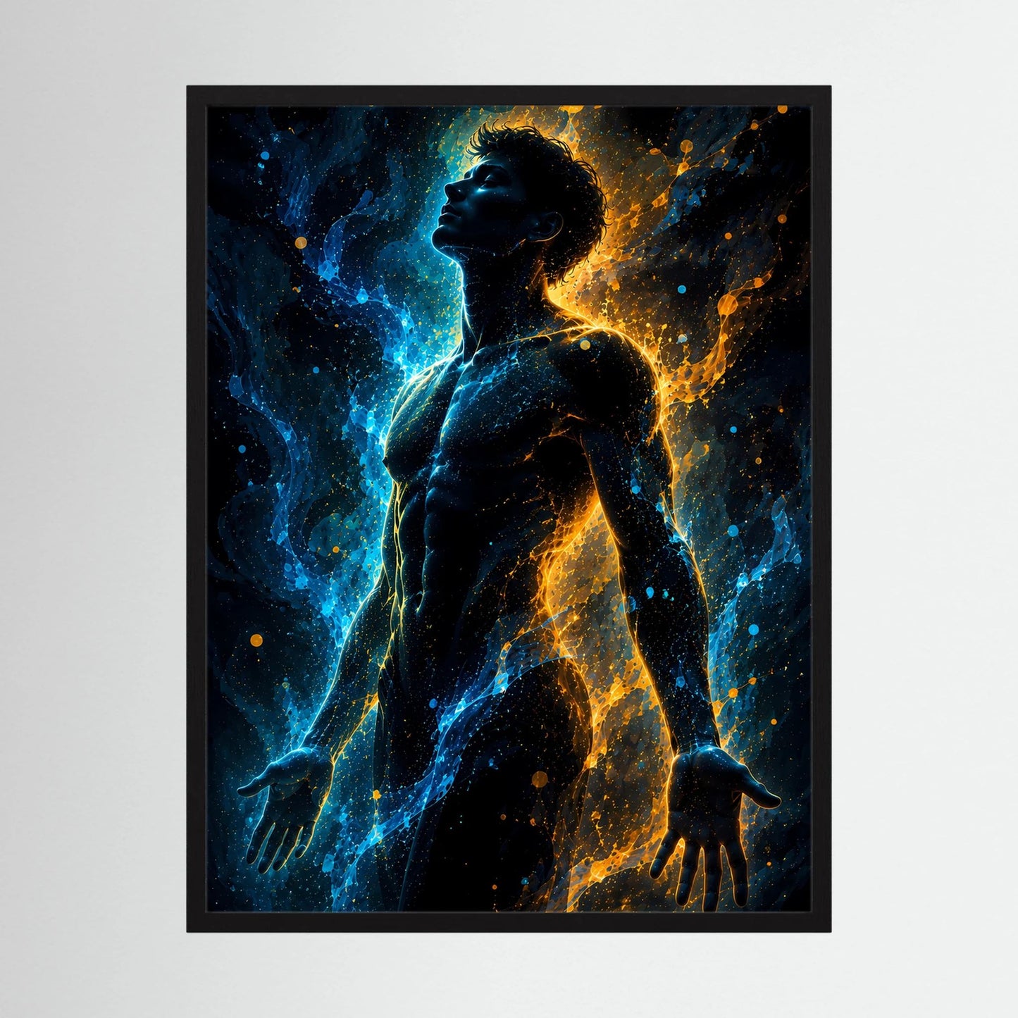 Hochformatiges Poster mit männlicher Silhouette in Blau und Gold, schwarzer Rahmen